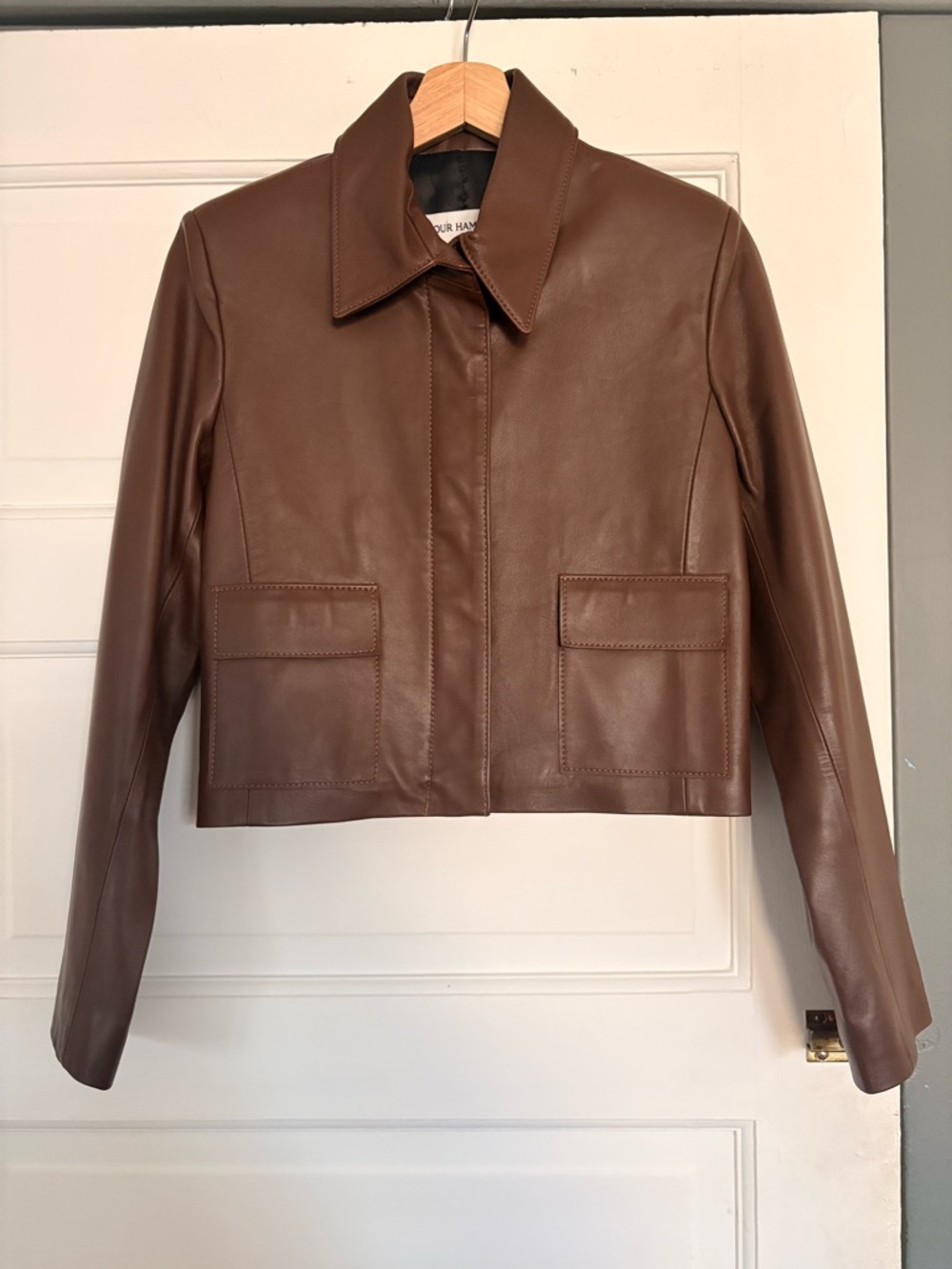 Women’s Brown Leather Crop Jacket with Patch Pockets